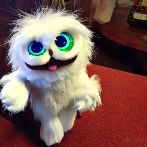 Image similar to an adorable fluffy furby muppet character with big gremlin ears