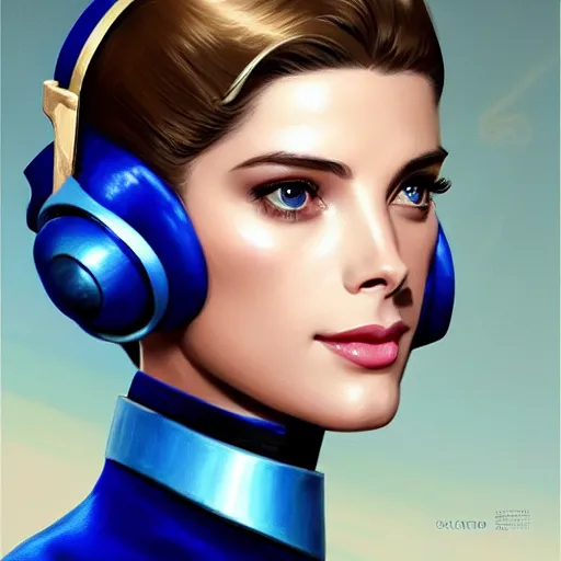 Prompt: Ashley Greene's face combined with Grace Kelly's face with blue hair wearing Power Armor and a headset, western, D&D, fantasy, intricate, elegant, highly detailed, digital painting, artstation, concept art, matte, sharp focus, illustration, art by Artgerm and Greg Rutkowski and Alphonse Mucha