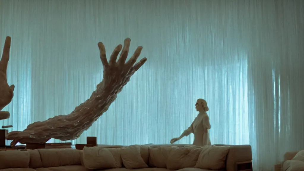 Image similar to a giant hand made of wax and water floats through the living room, film still from the movie directed by Denis Villeneuve with art direction by Salvador Dalí, wide lens