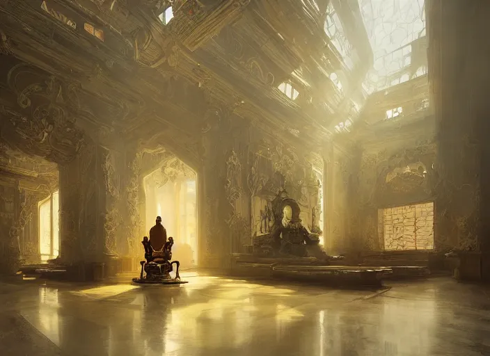 Image similar to new golden house interior with throne volumetric lighting, digital painting, highly detailed, artstation, sharp focus, illustration, concept art, ruan jia, steve mccurry, amazing composition