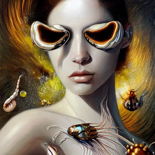 Image similar to beautiful painting of a white aquatic arthropod oniric landscape with silver linings and melting jewelry in the style of Francis Bacon, Karol Bak, Daturahex and Jesse Kanda. Dark background, detailed, trending on Artstation