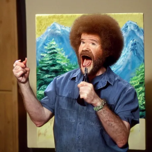 Prompt: bob ross screaming at his painting