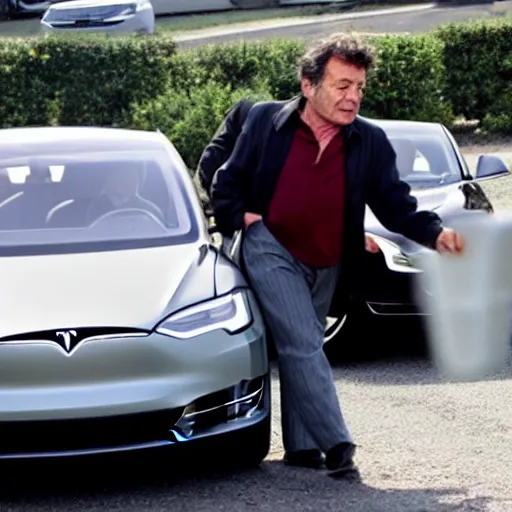 Prompt: Peter Falk driving a Tesla Model S