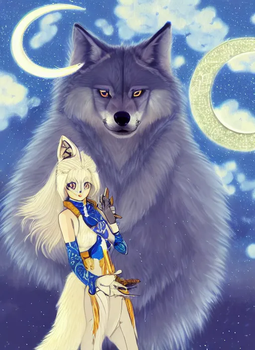 Image similar to commissioned full body portrait of a female anthro wolf princess fursona with a furry wolf head and white hair wearing a blue and gold Japanese armored dress in a white and gold palace on a starry night with a large crescent moon, by a professional manga illustrator, by Kilian Eng, by Sandra Chevrier, trending on artstation