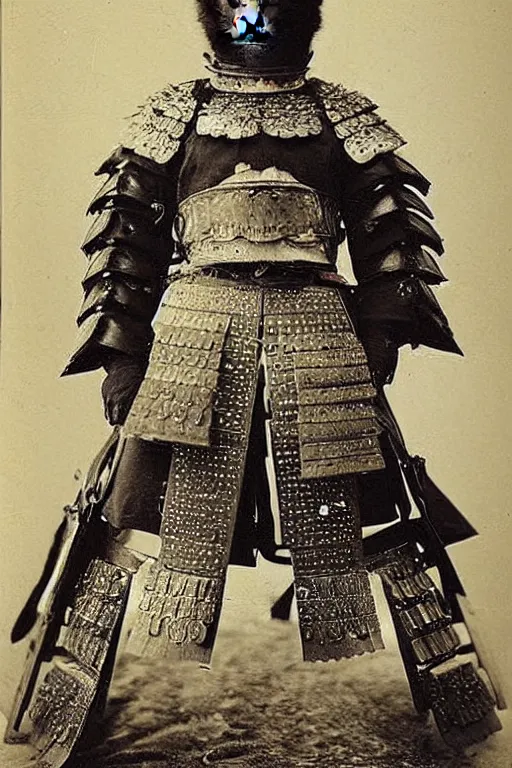 Prompt: “ grizzly bear in full ornate samurai armour, 1 9 0 0 ’ s photo ”