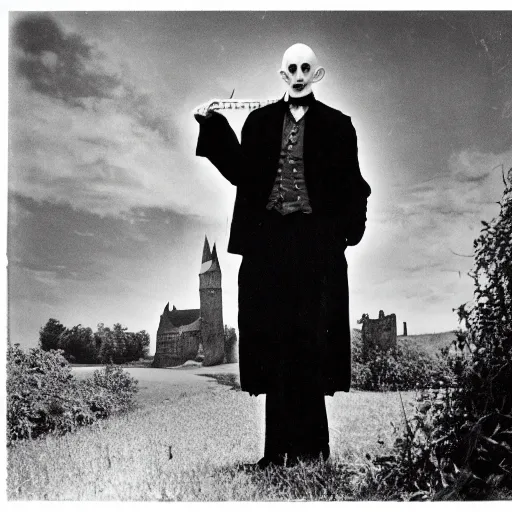 Image similar to vintage photograph of count orlok outside his castle, playing the blues on banjo, castle in the background, 4 k