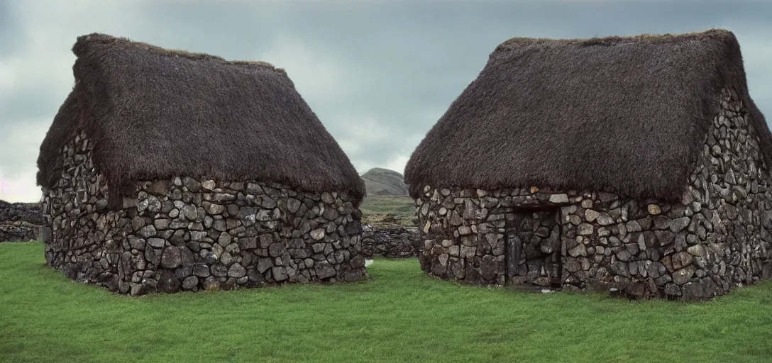 Image similar to scottish blackhouse made of pentelic marble. sold by sotheby's for 9 million dollars. fujinon premista 1 9 - 4 5 mm t 2. 9. portra 8 0 0.