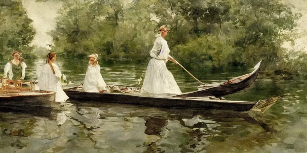 Image similar to a woman wearing a white dress in a row boat on a calm lake with a forest in the background, in the style of anders zorn