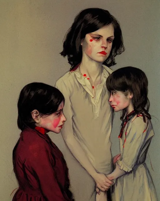 Image similar to two beautiful but creepy siblings wearing oxford shirts in layers of fear, with haunted eyes and dark hair, 1 9 7 0 s, seventies, wallpaper, a little blood, morning light showing injuries, delicate embellishments, painterly, offset printing technique, by brom, robert henri, walter popp