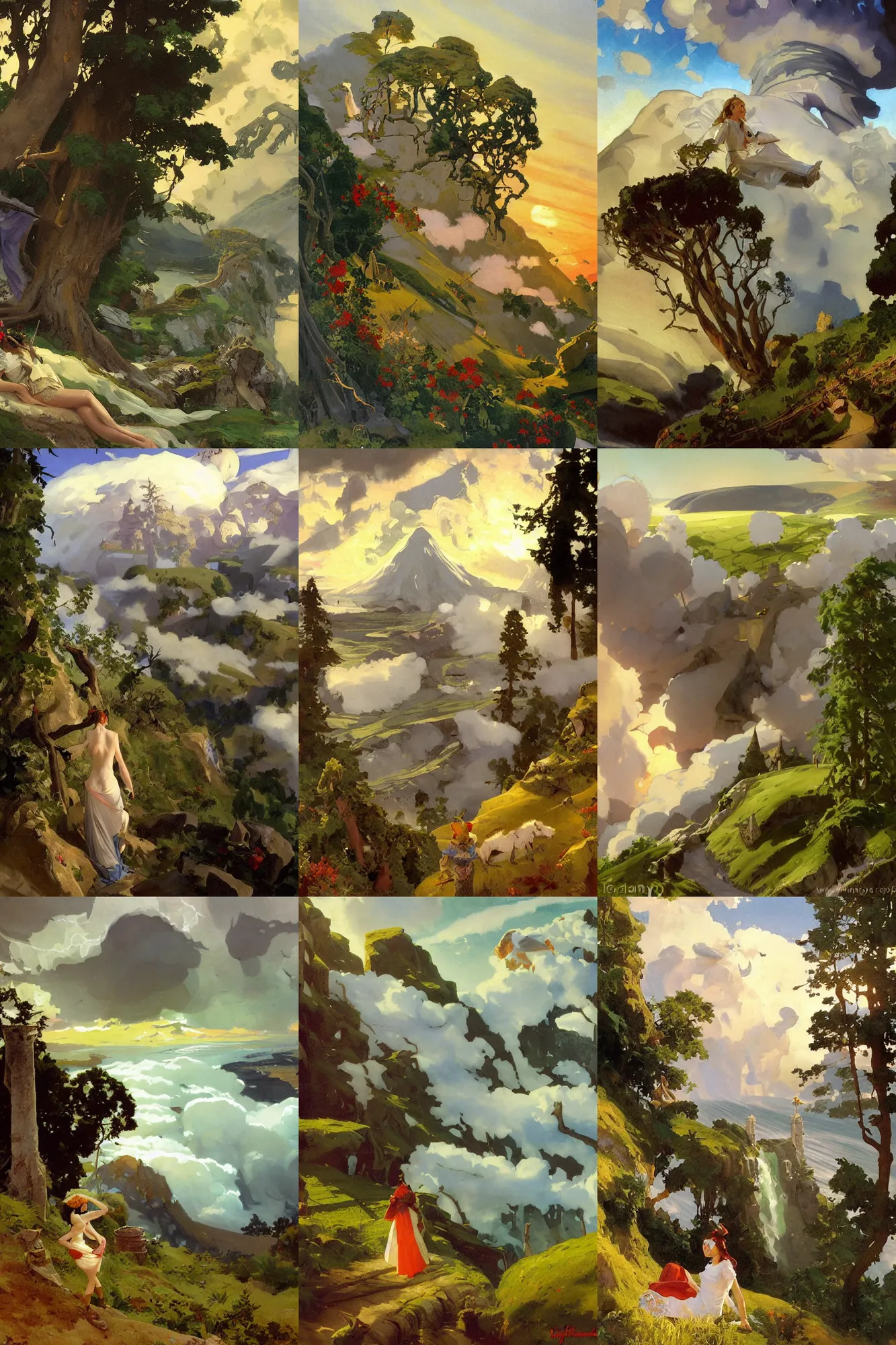 Prompt: painting by sargent and leyendecker and greg hildebrandt, apollinaris vasnetsov, savrasov levitan polenov, studio ghibly style mononoke, fairy tale, huge old ruins, middle earth above the layered low clouds road between forests big lake wide river trees sunrise sea bay view faroe azores overcast storm masterpiece