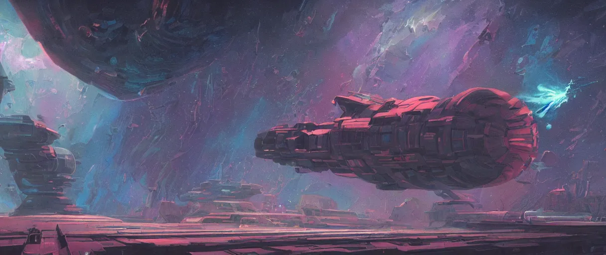 Image similar to lone industrial!!! spaceship!!, deepspace exploration!!!, flying, ridley scott universe, floating in a nebula, the final frontier, illustrative!!, ian mcque, apparent brush strokes, hyperdetailed, sketch, cinematic lighting, 4k, wide angle, trending on artstation, beksinski, etching, ((neon colors))