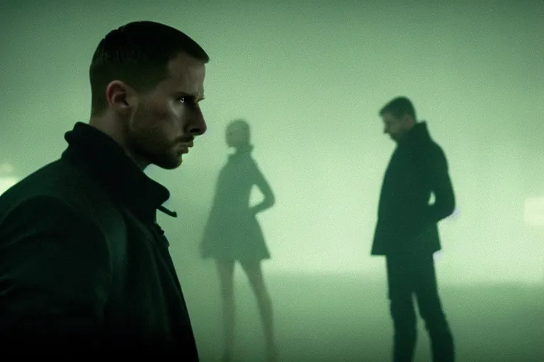 Image similar to film still of closeup beautiful russian models couple in blade runner 2 0 4 9, cinematic, moody, gritty neon noir by emmanuel lubezki