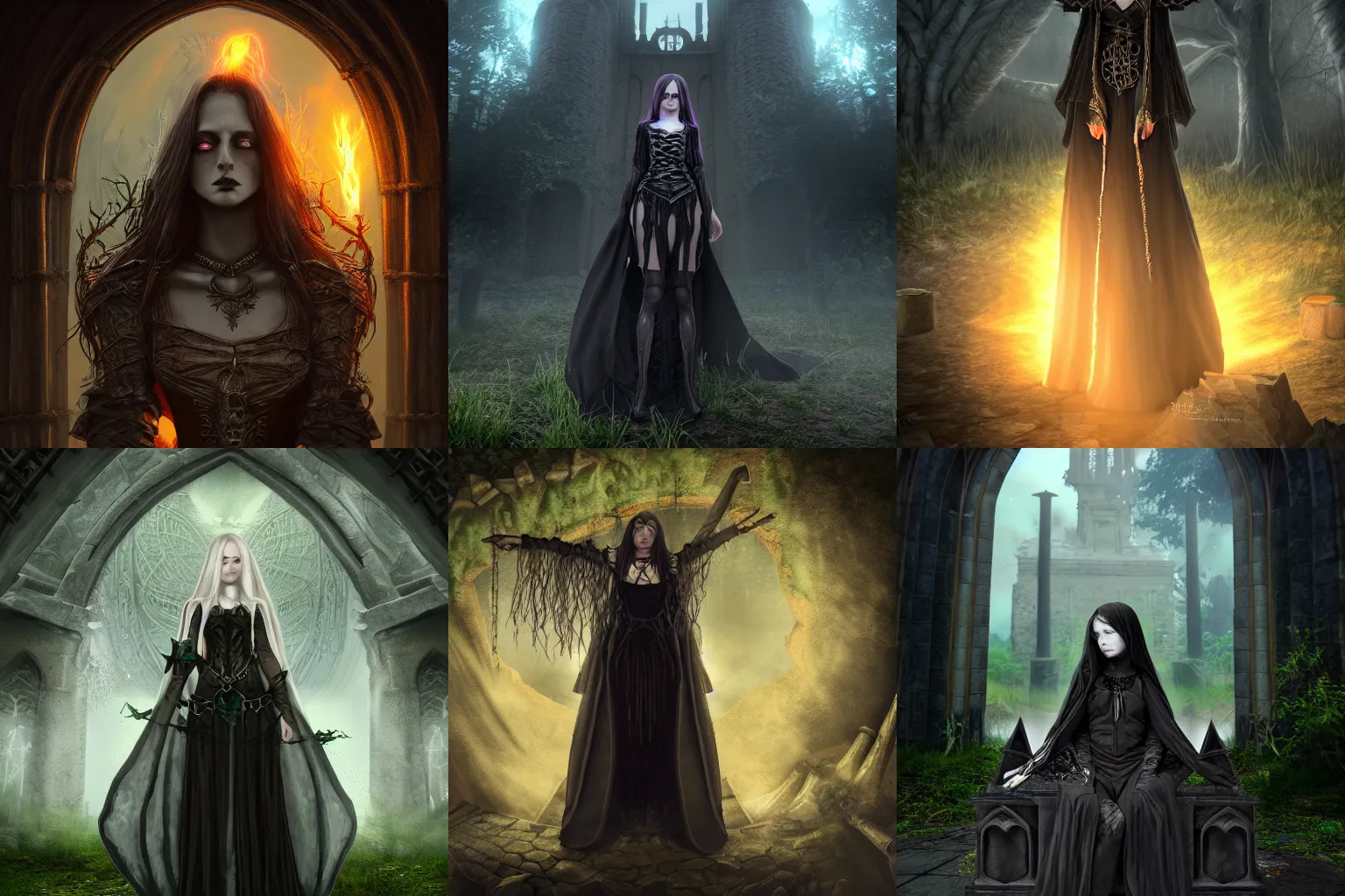 Prompt: award winning, realistic detail zoomed out, epic girl mage casting enormous spell, gothic clothes, long hair, digital art, concept art, best of 2023 on artstation style, simulation, structure, fine, wide angle, natural light, volumetric, behind is a tomb of great ancestors