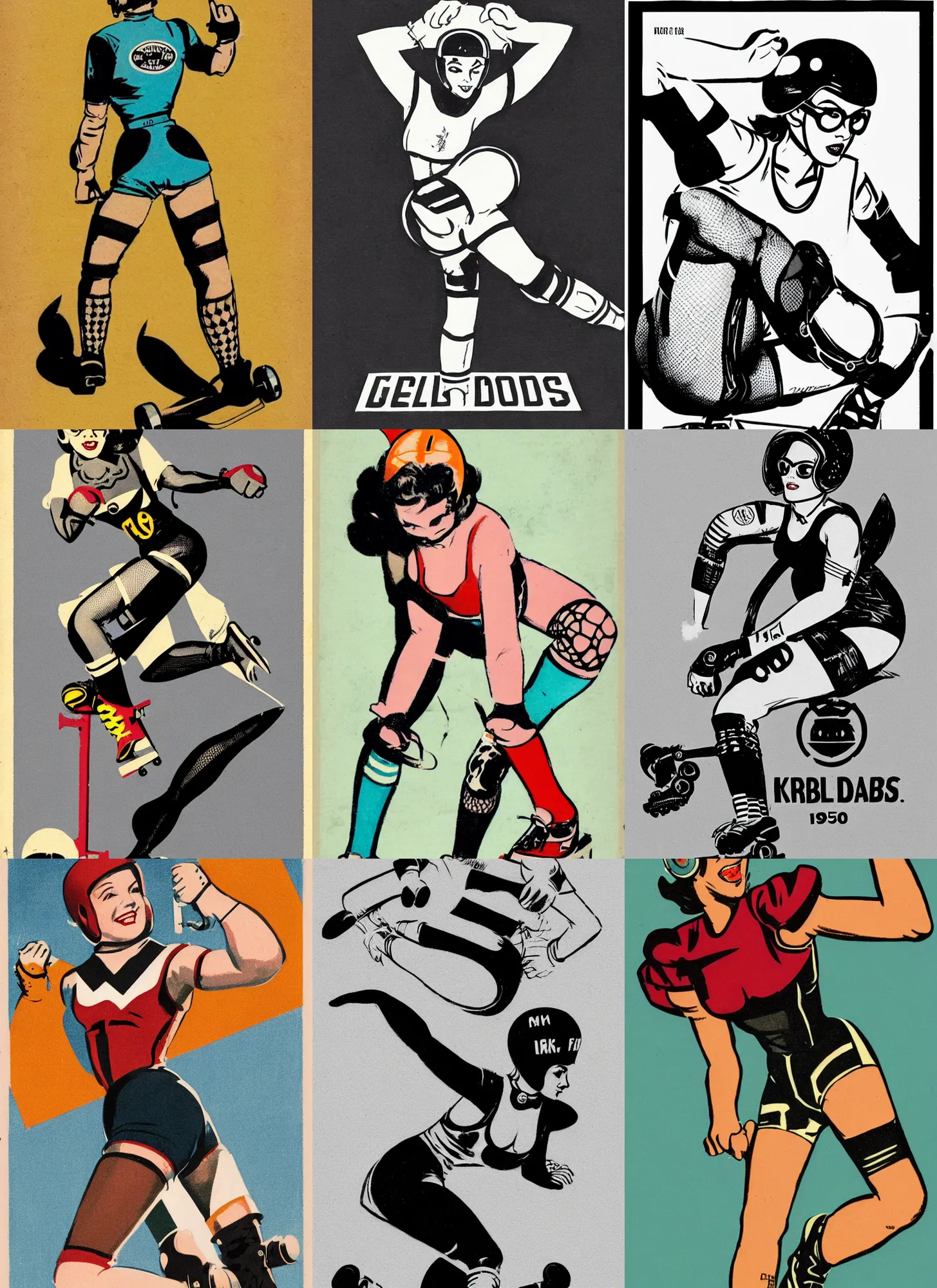 Prompt: 1950s logo of a roller derby girl doing Cross-Over, wearing skate helmet, knee pads, elbow pads, fishnet tights, showing off biceps, illustration by greg rutkowski and mcbess, 1950s