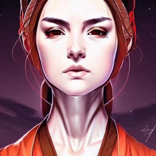 Image similar to one female jedi master, wearing the traditional jedi robe, beautiful and uniquely odd looking, detailed symmetrical close up portrait, intricate complexity, in the style of artgerm and ilya kuvshinov, magic the gathering, star wars art