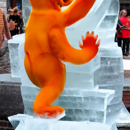 Prompt: ice sculpture of charmander made of ice, photography