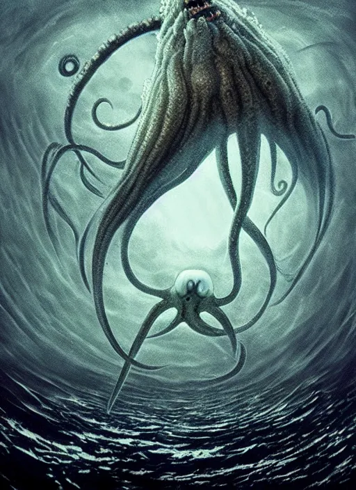 Image similar to bigfin squid, eldritch horror, monster, ominous underwater environment, dark souls, terrifying, epic surrealism