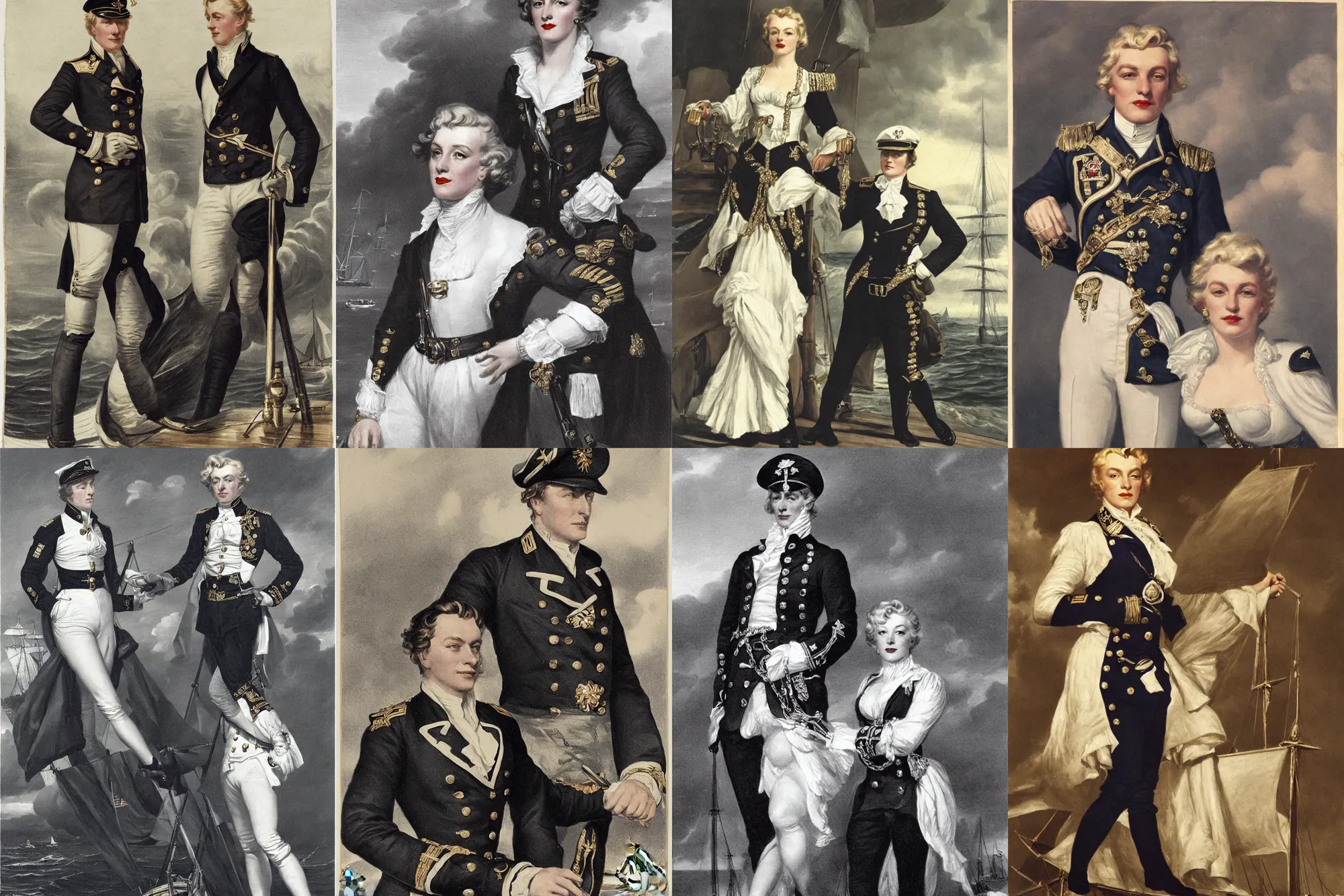 Prompt: Monroe as a ship captain in the age of sail Ship Sea Water Sail Military Uniform Diamonds Regal In the style of John Collier