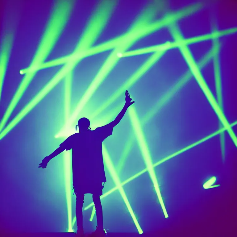 Image similar to rapper using microphone, epic angle, profile view, silhouetted, distinct, psychedelic hip-hop, laser light show, beams of light