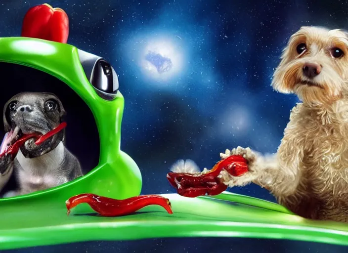 Image similar to Frog on a spaceship loves her dog next to her and gives her hot pepper, cinematic, very high quality, 8k