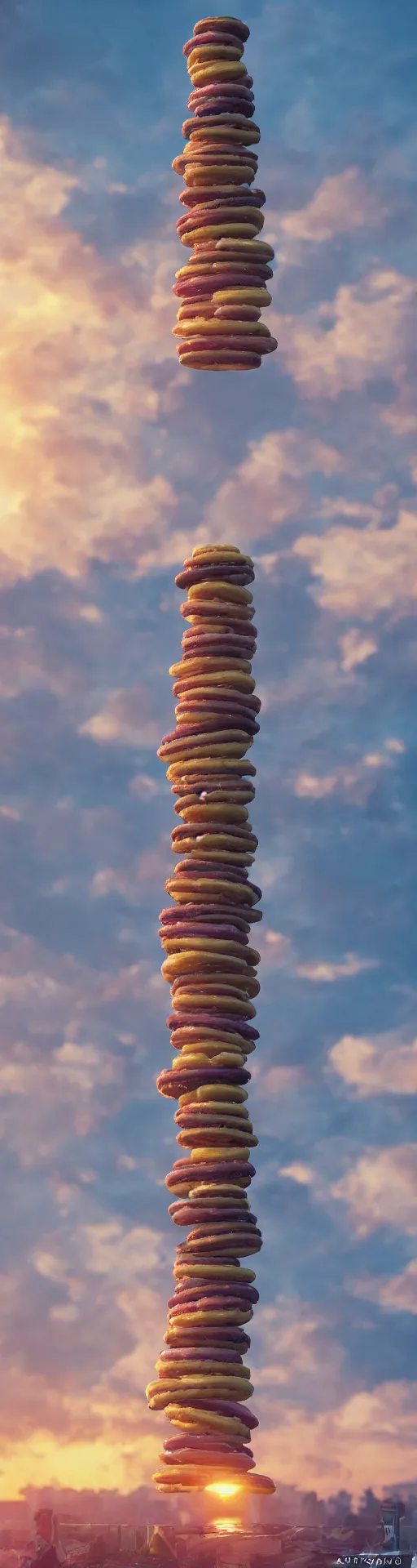 Prompt: tower of donuts, product shot, macro, hyper realistic, sunset, octane render, trending on artstation, artstationHD, artstationHQ, unreal engine, 4k, 8k