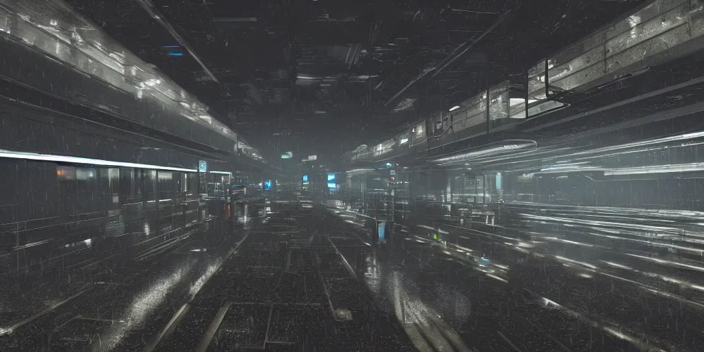 Image similar to equirectangular projection grid of a futuristic bladerunner cyberpunk trainstation in the rain at night, volumetric lighting 4K Spherical Panorama RealityEngine PhotoRender hyperdetailed cinematic