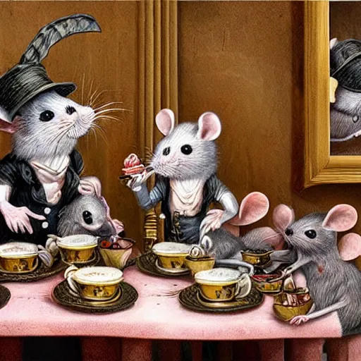 Prompt: mice at a tea party, lowbrow, matte painting, 3 - d highly detailed, style of greg simkins