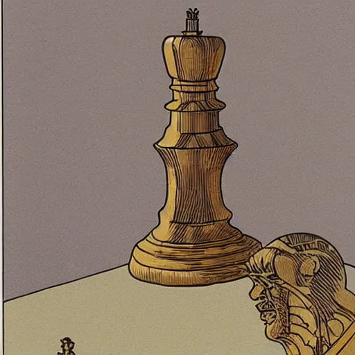 Prompt: a person with a chess piece for a head, by moebius