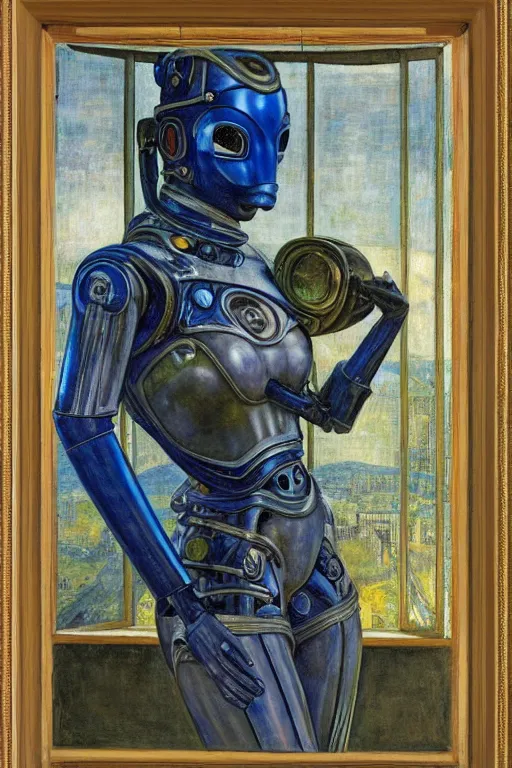 Prompt: the queen in her robot mask stands by the window, by Annie Swynnerton and Diego Rivera and Elihu Vedder, symbolist, dramatic lighting, night time, elaborate geometric ornament, Art Brut, soft blues and greens,smooth, sharp focus, extremely detailed, Adolf Wölfli and (Evelyn De Morgan)