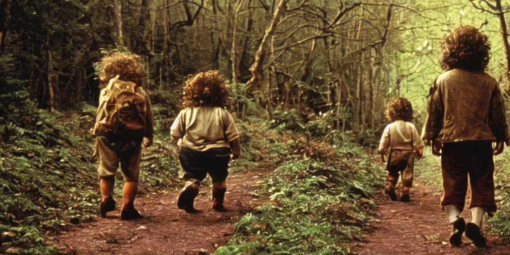 Prompt: A full color still from a Stanley Kubrick film featuring a side view of two hobbits wearing packs and walking down a path in a dark forest, 35mm, 1975