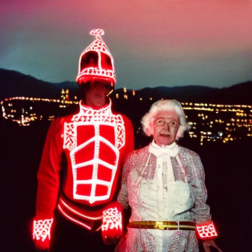 Image similar to a couple of grandparents of 1 0 0 years old wearing knight iron costume and dancing, kodachrome, backlight, add a glow around subj. edge, in twin peaks, 1 9 9 0 s