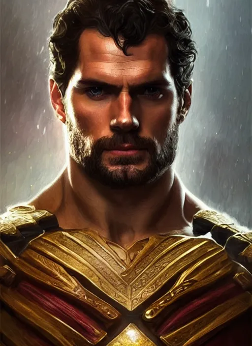 Image similar to Henry Cavill as a warrior ranger, upper body, D&D, muscular, fantasy, intricate, elegant, highly detailed, digital painting, artstation, concept art, smooth, sharp focus, illustration, art by artgerm and greg rutkowski and alphonse mucha