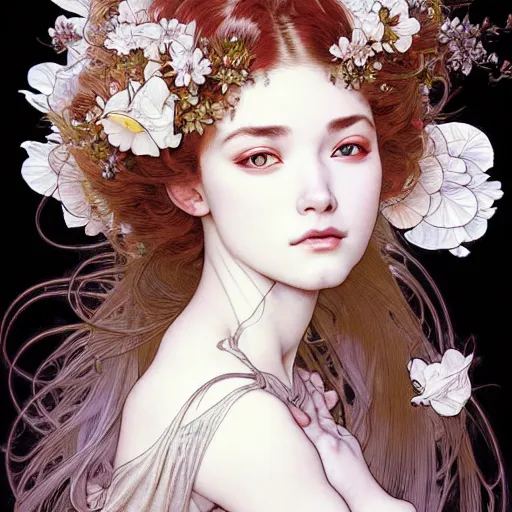 Prompt: tface portrait of an absurdly beautiful, graceful, elegant,, fashionable young teen with white petals in her hair, an ultrafine hyperdetailed illustration by kim jung gi, irakli nadar, by alphonse mucha, ayami kojima, amano, greg hildebrandt, and mark brooks, female, feminine, intricate linework,