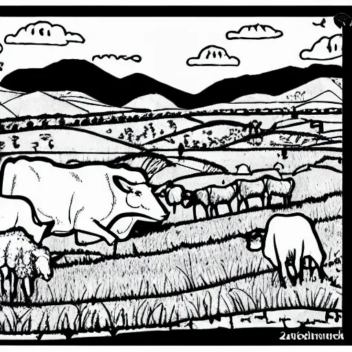 Prompt: colouring page of a new zealand farm, cows and sheep