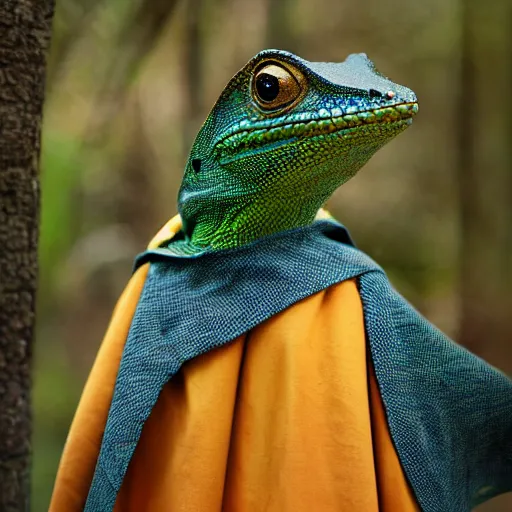 Image similar to medieval cloak wearing anthro lizard, photograph captured in the woods