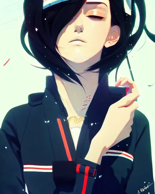 Image similar to a ultradetailed beautiful panting of a stylish woman wearing a sailor uniform, she has black hair, by conrad roset, greg rutkowski and makoto shinkai, trending on artstation