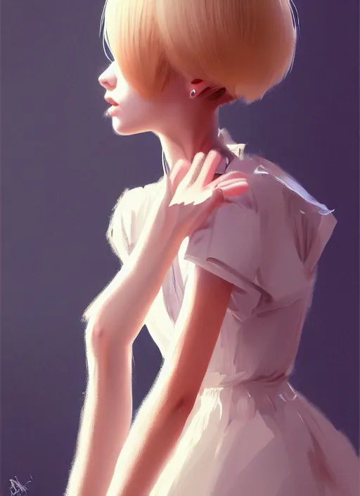 Image similar to ultradetailed beautiful painting of a stylish young lady wearing a cute dress, dramatic, she has blond hair, distressed, volumetric light, full body portrait by greg rutkowski, ilya kuvshinov, james jean, makoto shinkai, on artstation