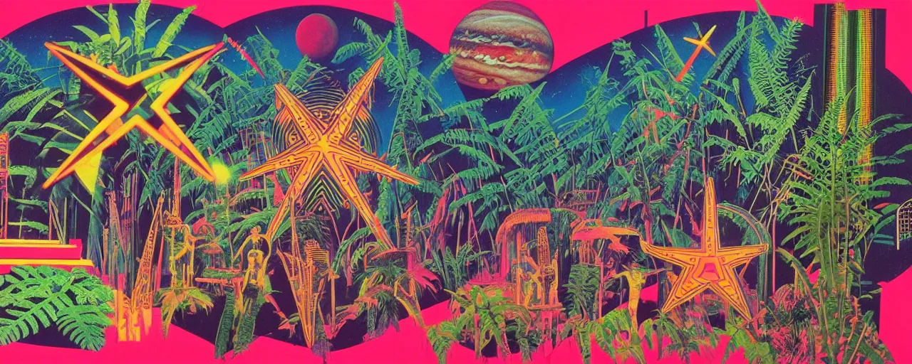 Image similar to 1978 cut out collage, science fiction movie set, neon aztec, break of dawn on Jupiter, epic theater , tropical ambience, ancient fern, electro schematics, film noir, in part by Alex Grey, part by Hale Woodruff