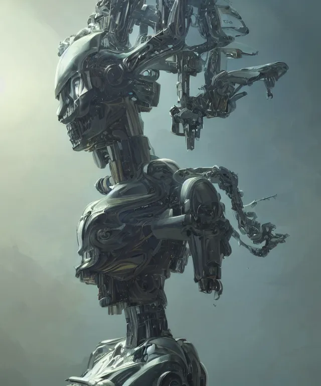 Image similar to a 4k cinematic full view ethereal android wearing an intricate mecha cyberpunk bone crown , Unreal Engine 5, God Rays, Lumen, by Peter Mohrbacher, by Ruan Jia, by Greg Rutkowski, by Leonardo Da Vinci, detailed and realistic, poetic and symbolic, rule of thirds, golden ratio, Trending on Artstation