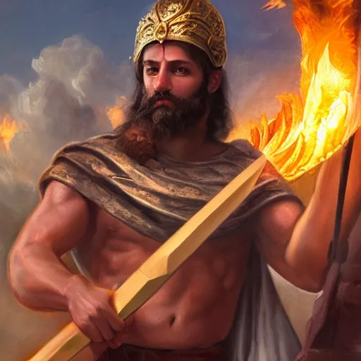 Image similar to Absolutely gorgeous greek god of smithing holding the hammer of creating setting the city of the gods on fire, cinematic lighting, high quality 8k hd, oil on canvas, hyperralistic art