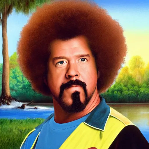 Image similar to a closeup photorealistic photograph of bob ross detailing a canvas painting of kenny powers. film still. brightly lit scene. this 4 k hd image is trending on artstation, featured on behance, well - rendered, extra crisp, features intricate detail, epic composition and the style of unreal engine.