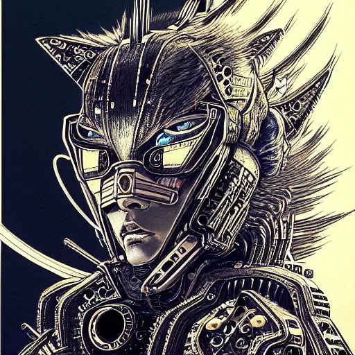 Prompt: concept art of japanese fox, cyber punk, cyberpunk futuristic neo, hyperrealism, fine details, art by gustave dore, jean giraud, philippe druillet, 4 k