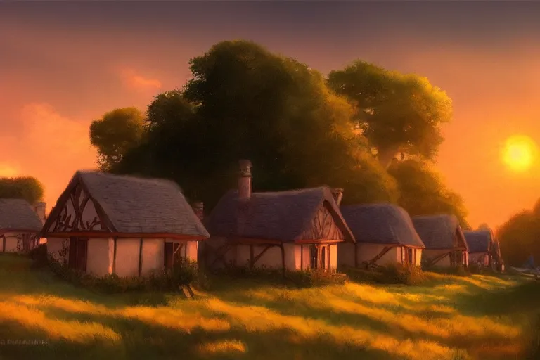 Image similar to sunset over the cottages in the shire, ghibli, artstation, award wining, rutkowski, shinkai