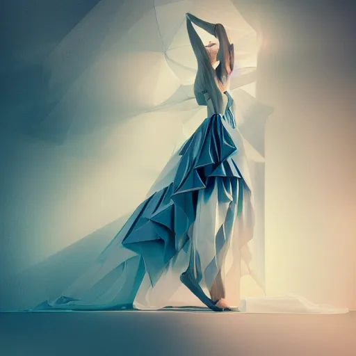 Prompt: 3 / 4 view of a beautiful girl wearing an origami dress, eye - level medium shot, elegant, by eiko ishioka, givenchy, by peter mohrbacher, centered, fresh colors, dance, origami, fashion, detailed illustration, vogue, high depth of field, japanese, reallusion character creator