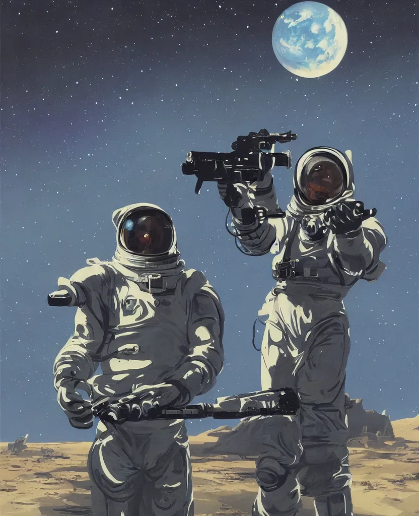 Prompt: a painting of a man in a space suit holding a gun, concept art by dean ellis, behance contest winner, retrofuturism, sci - fi, toonami, future tech