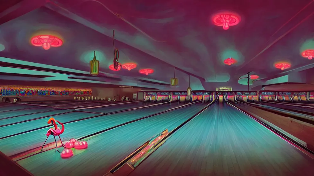 Image similar to art deco bowling alley, neon flamingo, ultra detail, photoreal, soft moonlight lighting, realistic, wide angle, sharp focus, 8 k high definition, insanely detailed, intricate, elegant, art by artgerm and wlop