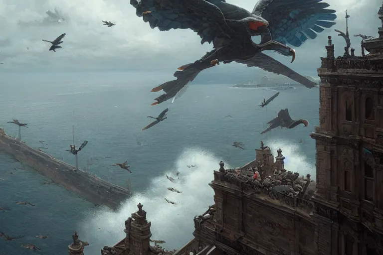 Image similar to people FLYING ON BIRDS, over the ocean, towards a GIGANTIC wall, protecting the city from black mist, cinematic, greg rutkowski, detailed, intricate