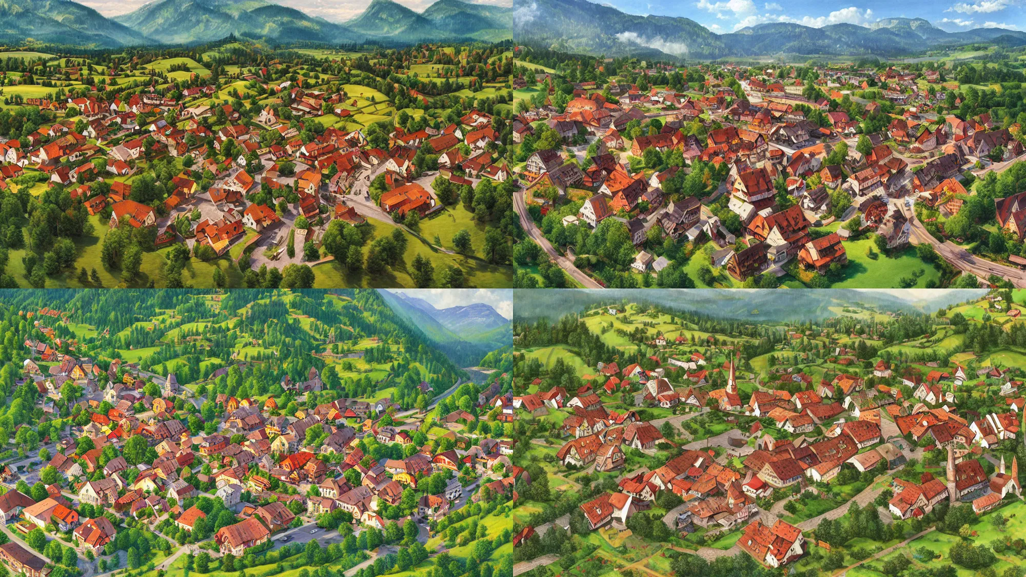 Prompt: High-Quality realist painting of a traditional Bavarian village in a valley, isometric aerial view, peaceful, very detailed, digital art.