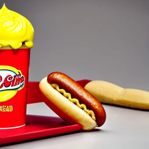 Prompt: promotional photo of an ice cream with hot dog taste, mustard, ketchup, relish,