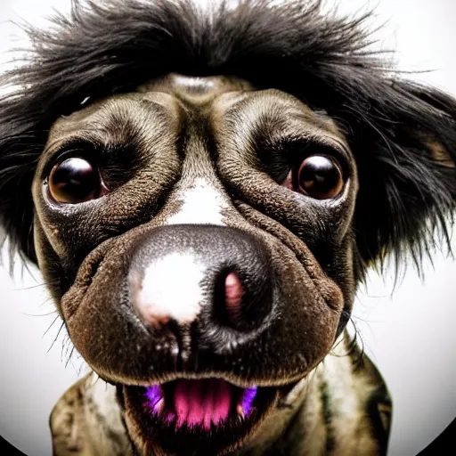 Image similar to fisheye lens photo of the world's ugliest dog